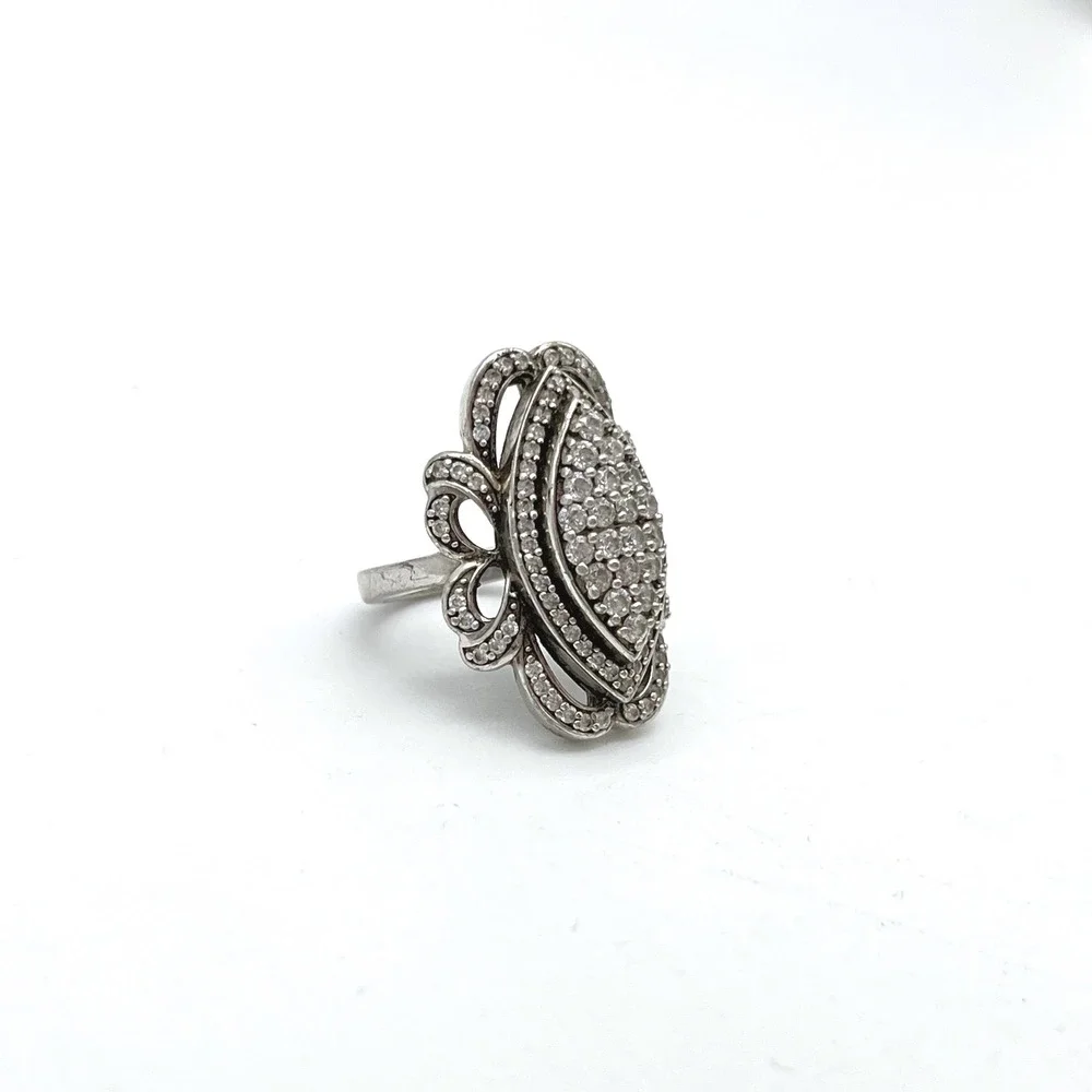 Ornate Marquee Ring Cubic Zirconia Pave Sterling Silver Statement‎ Cocktail Ring